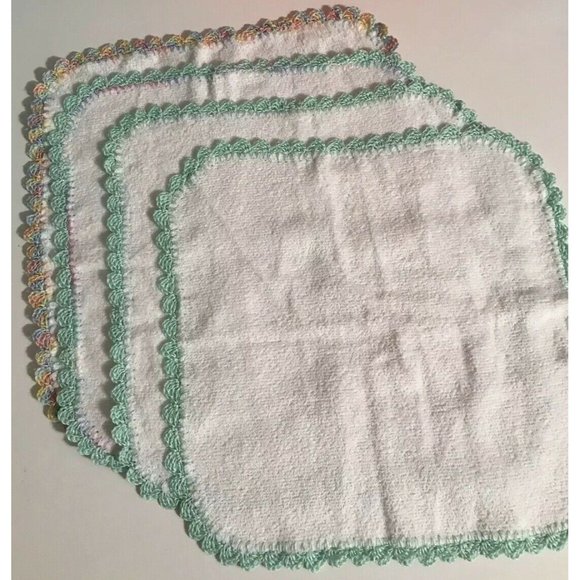 Set Of 4 Handmade White Towels With Aqua Crochet Edge. 11x11 Inches. - Picture 5 of 8